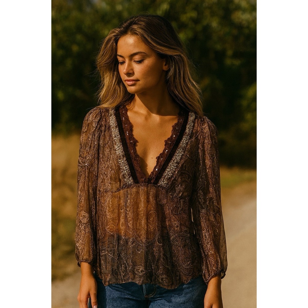 Y2K Bohemian Sheer Blouse Metallic Thread Deep V Velvet Ribbon Trim Sequins READ